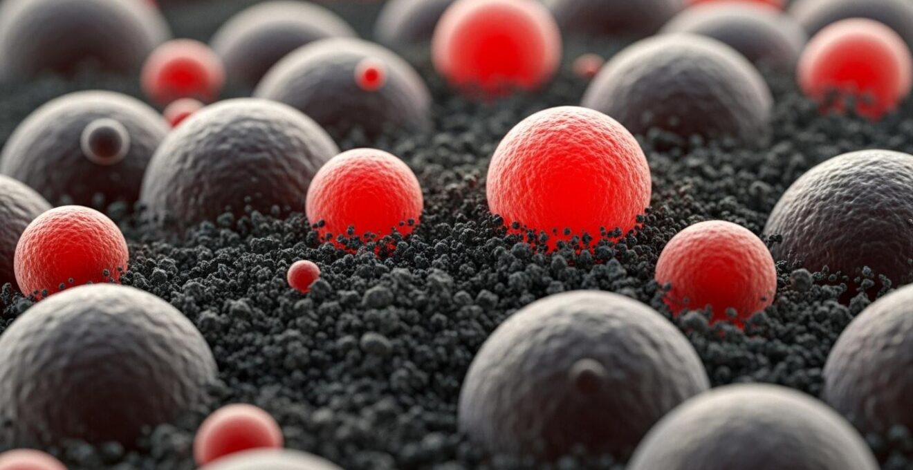 Image conceptuelle d'une accumulation de déchets microscopiques dans des cellules de la peau sous forme de particules sombres et bulles rouges symbolisant le stress oxydatif