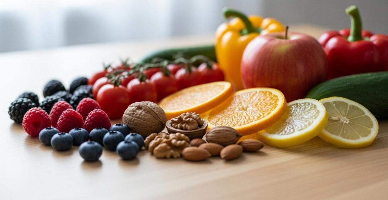 Composition symbolique d'aliments naturels et frais illustrant une alimentation hypotoxique saine