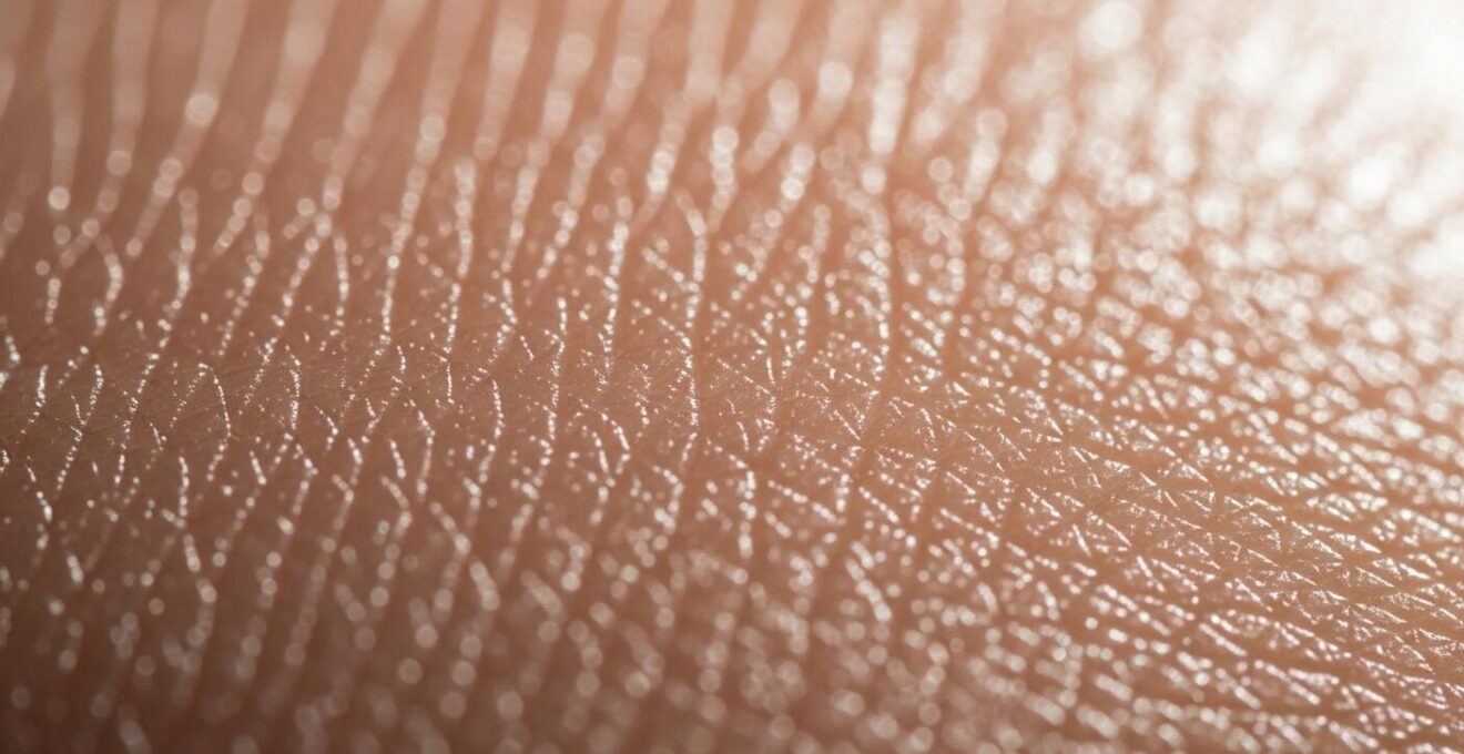 Vue macro détaillée d'une barrière invisible à la surface de la peau symbolisant le film hydrolipidique