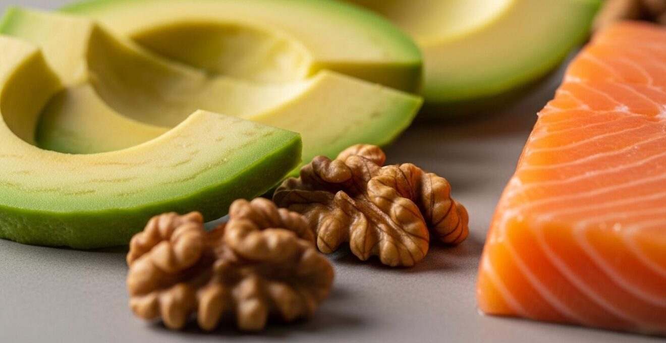 Gros plan de tranches d'avocat, noix et saumon sur fond neutre symbolisant les bons gras pour la peau