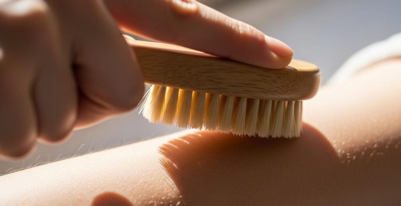 Photo réaliste montrant une main effectuant un brossage à sec sur la peau avec une brosse naturelle, lumière douce naturelle