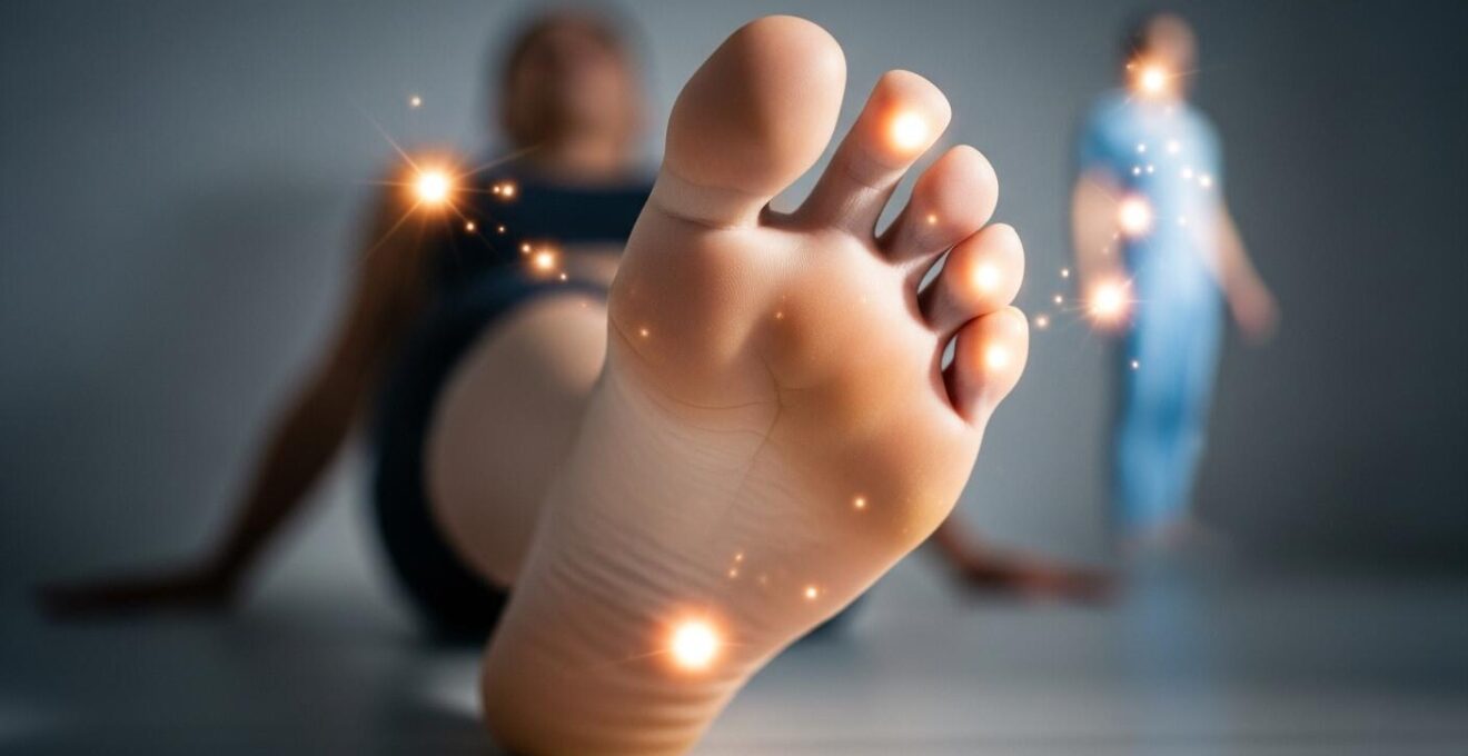 Illustration symbolique d'un pied avec les zones réflexes colorées et reliées à différentes parties du corps humain