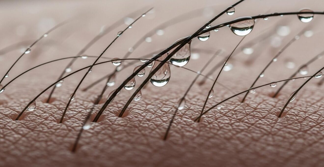 Gros plan macro d’un poil de peau humain avec gouttelettes de sueur visibles, illustrant la composition de la transpiration