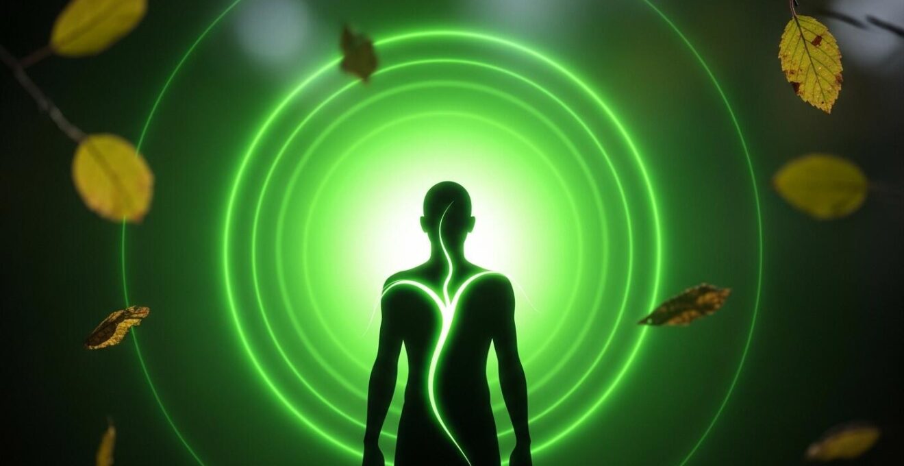 Représentation symbolique d'une silhouette humaine entourée d'une aura verte lumineuse symbolisant l'énergie vitale et l'équilibre holistique