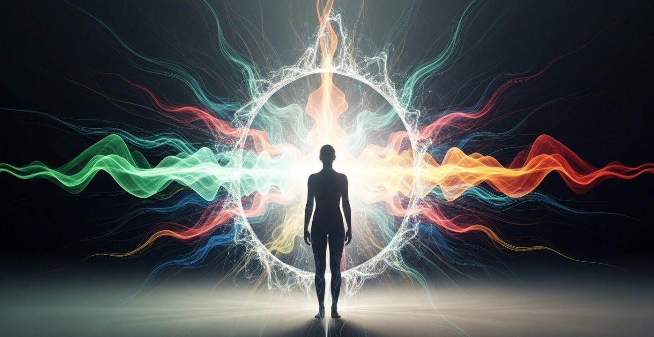 Photographie symbolique montrant une silhouette humaine entourée d'une aura lumineuse vibrant d'énergie vitale