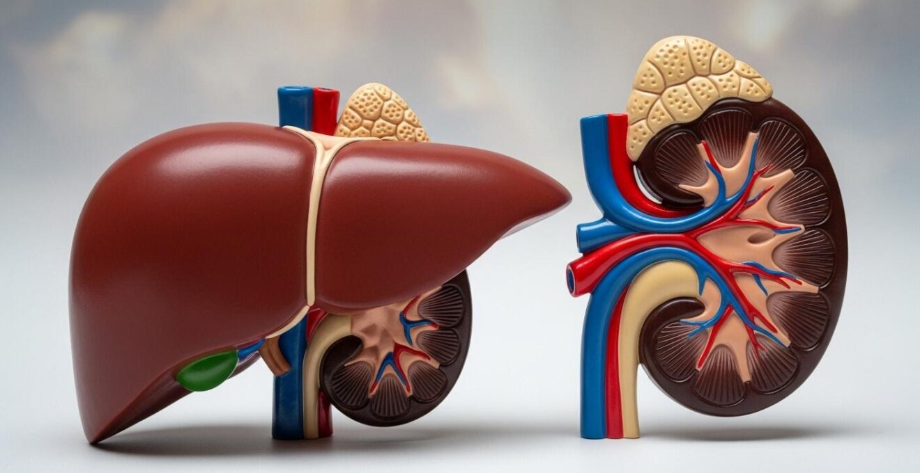 Vue symbolique réaliste du foie et des reins illustrant leur rôle en tant qu'organes d'épuration dans le corps humain