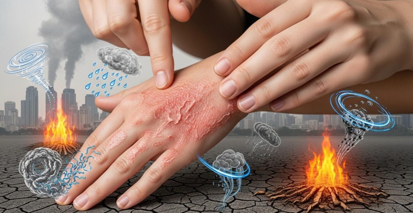 Image conceptuelle symbolisant les agressions quotidiennes sur la peau et la destruction de la barrière hydrolipidique