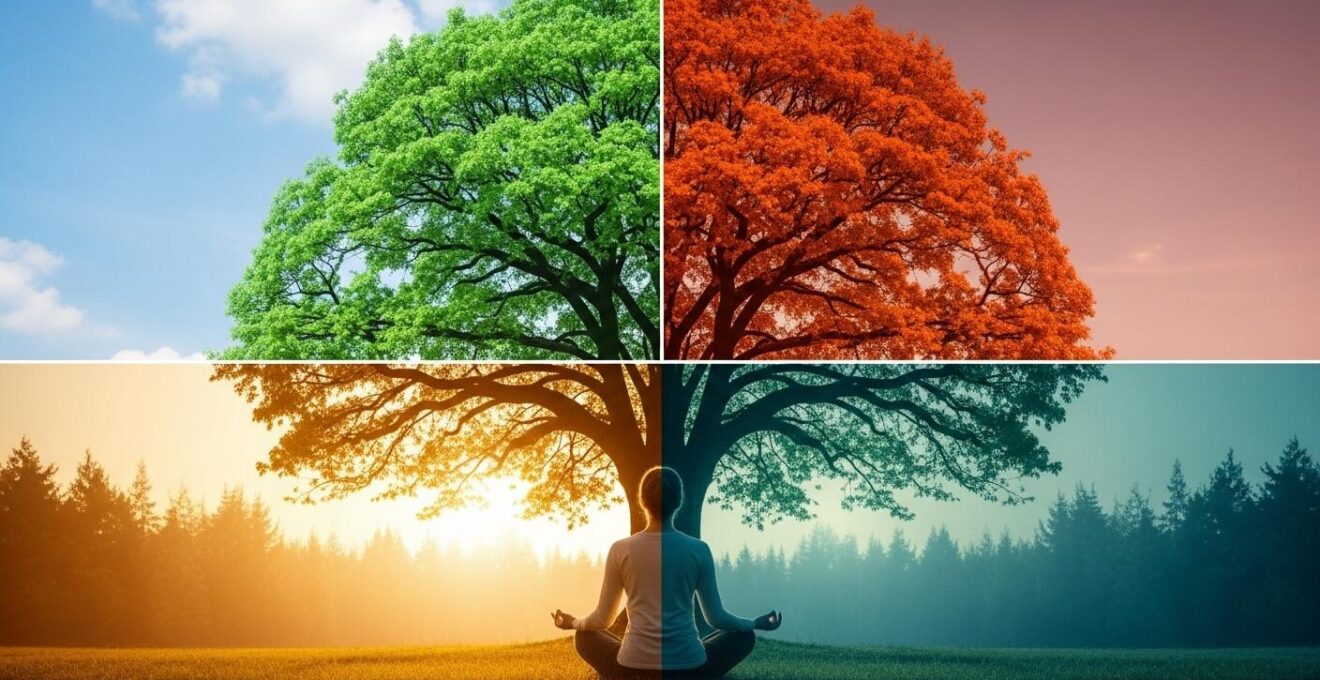 Personne assise en pleine nature avec arbre en arrière-plan représentant les saisons et équilibre corps-esprit