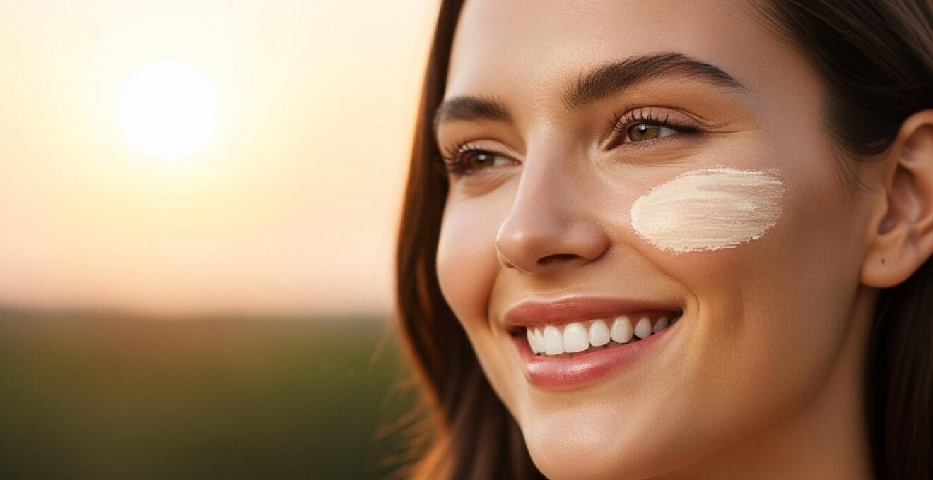 Visage de femme souriante avec peau éclatante, exposition douce au soleil