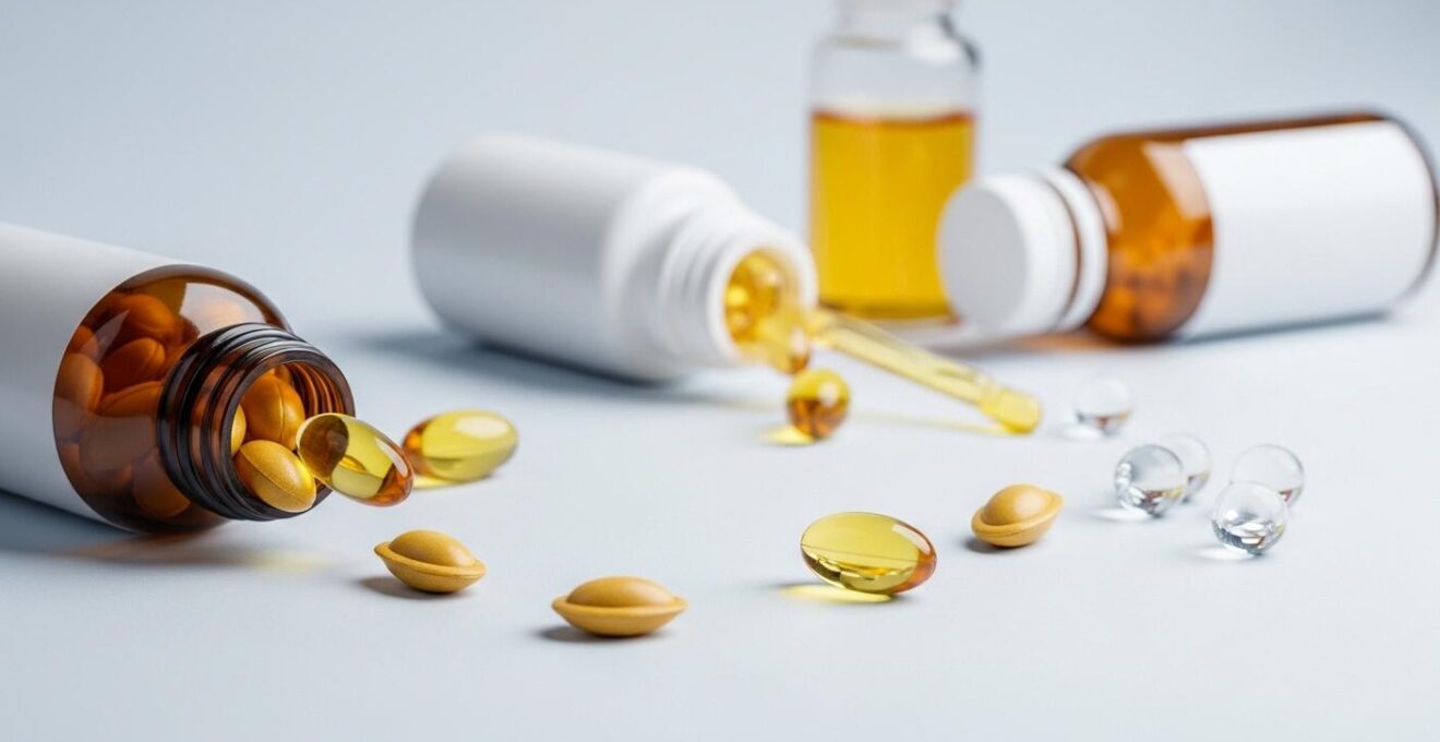 Photographie symbolique représentant différentes capsules de soins anti-âge comme le rétinol, la vitamine C, et les peptides posées sur un fond épuré