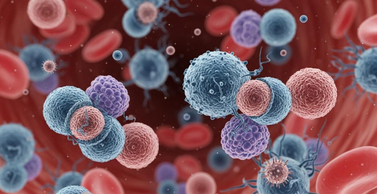 Illustration symbolique représentant les cellules immunitaires en action