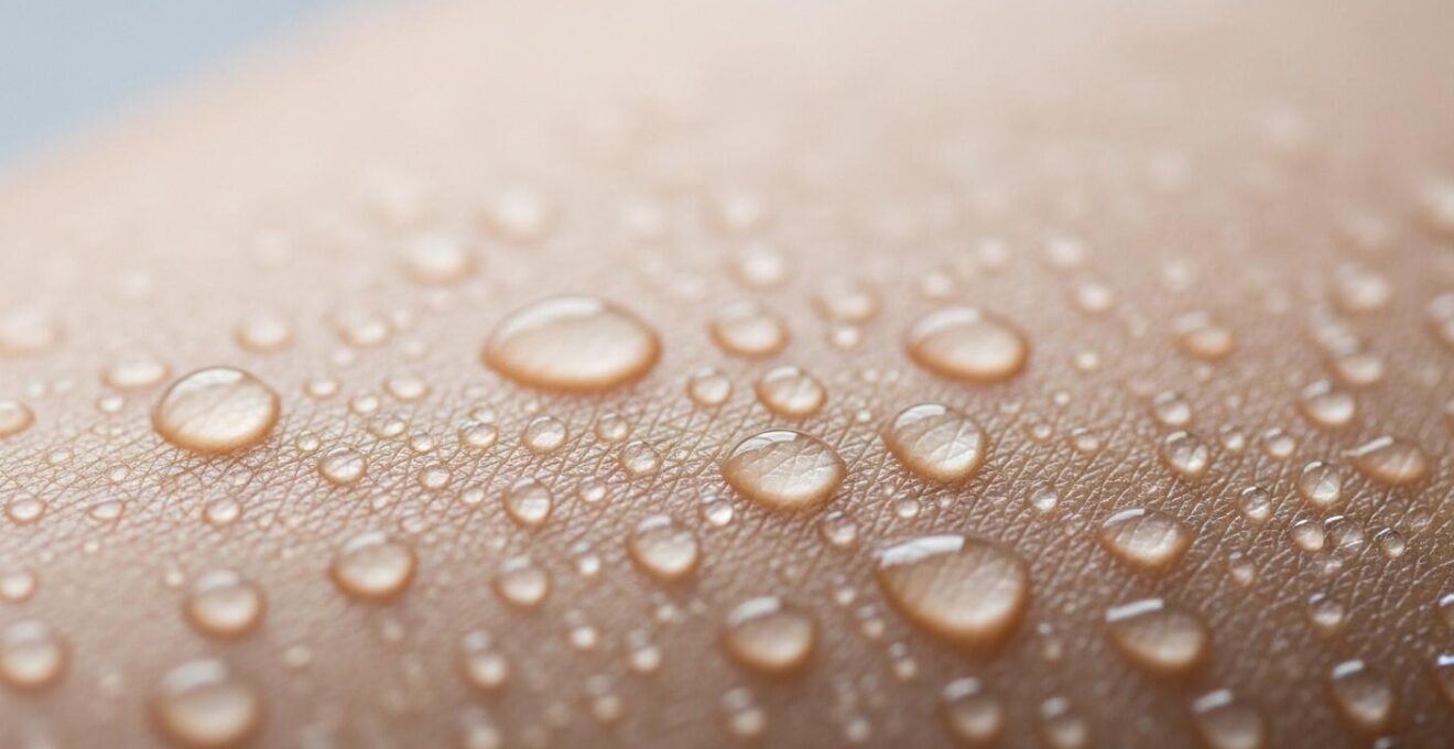 Photographie macro montrant une peau éclatante en gros plan avec des gouttelettes d'eau symbolisant l'hydratation et la régénération pendant le sommeil
