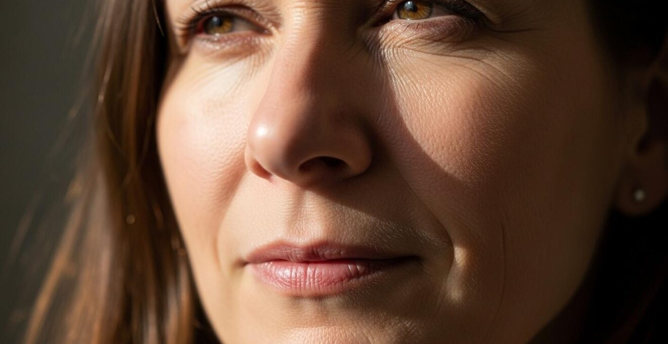 Photographie en lumière naturelle d'un visage féminin avec un focus artistique sur la zone du triangle nasolabial symbolisant l'âge