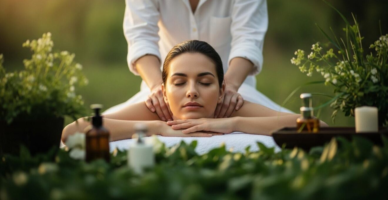 Personne recevant un massage relaxant dans un cadre naturel paisible, symbolisant un voyage thérapeutique global