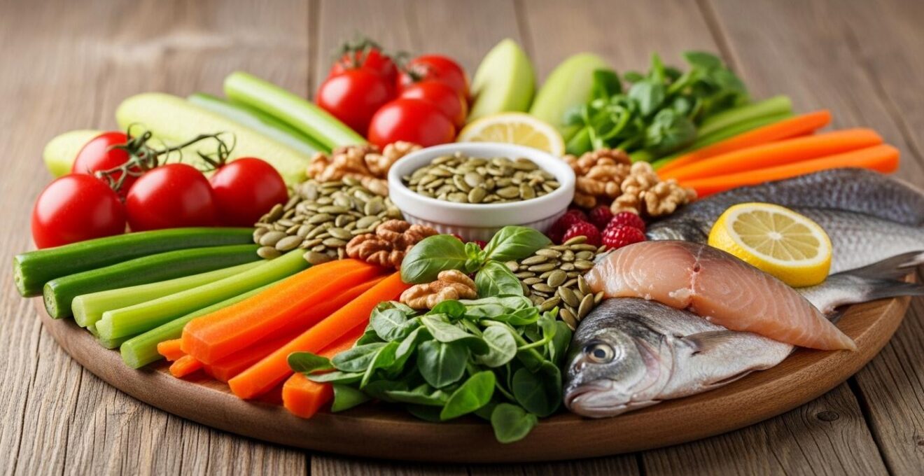 Photographie réaliste d'un plateau coloré de fruits, légumes, noix et poissons, symbolisant une alimentation saine pour une peau éclatante