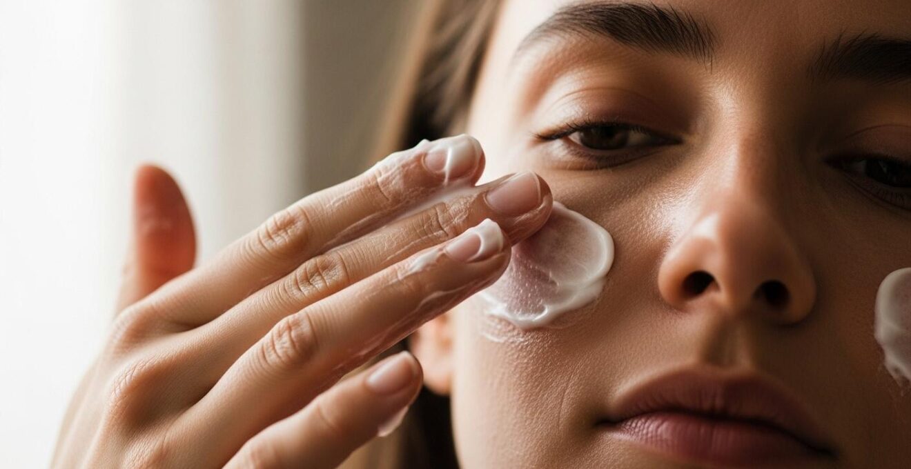 Visuel photographique humain d’une personne appliquant doucement une crème réparatrice sur sa peau