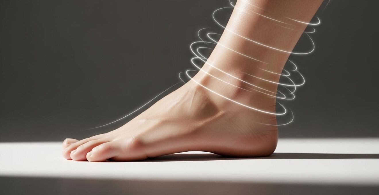 Photographie réaliste d'un pied humain avec des zones réflexes illustrées symboliquement