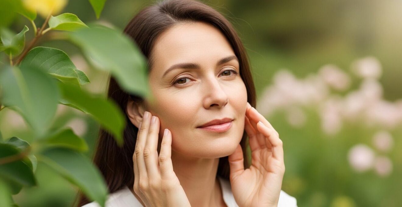 Photographie d'une femme mature avec une peau éclatante et jeune, entourée d'éléments naturels comme des feuilles et des fleurs symbolisant la santé et le bien-être