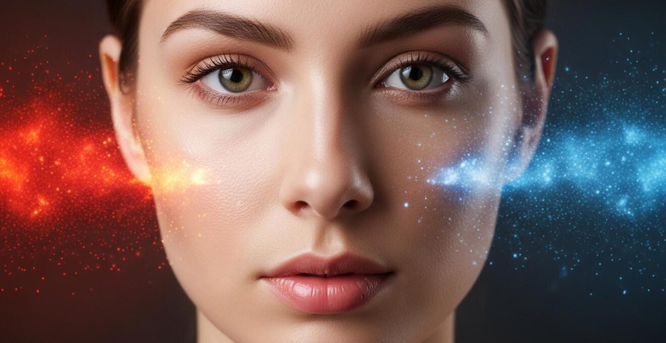 Vue rapprochée d'un visage féminin montrant une peau lumineuse avec une double exposition symbolique à des radicaux libres et antioxydants