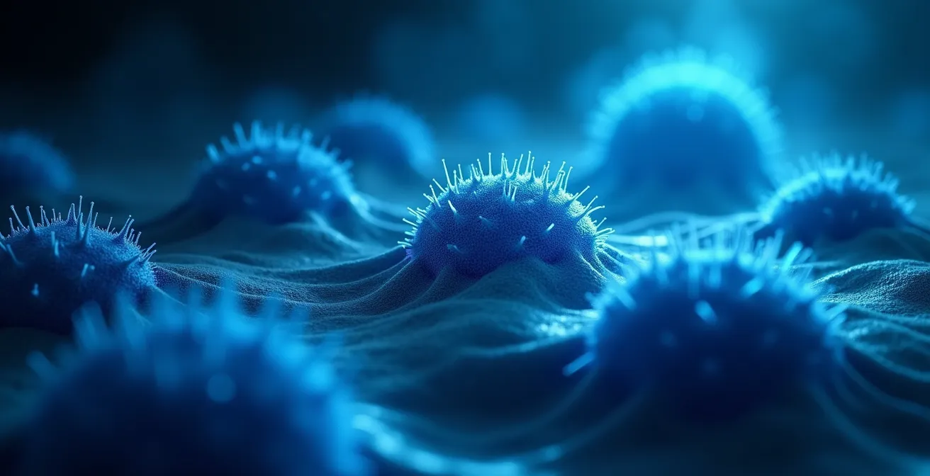 Représentation symbolique des agressions quotidienne de la peau par la lumière bleue des écrans et le stress, montrant des effets sur des cellules cutanées endommagées