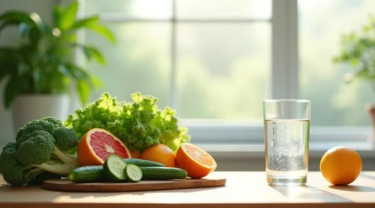 Photographie symbolique représentant une table saine avec aliments naturels, légumes frais et eau claire symbolisant la purification du corps.
