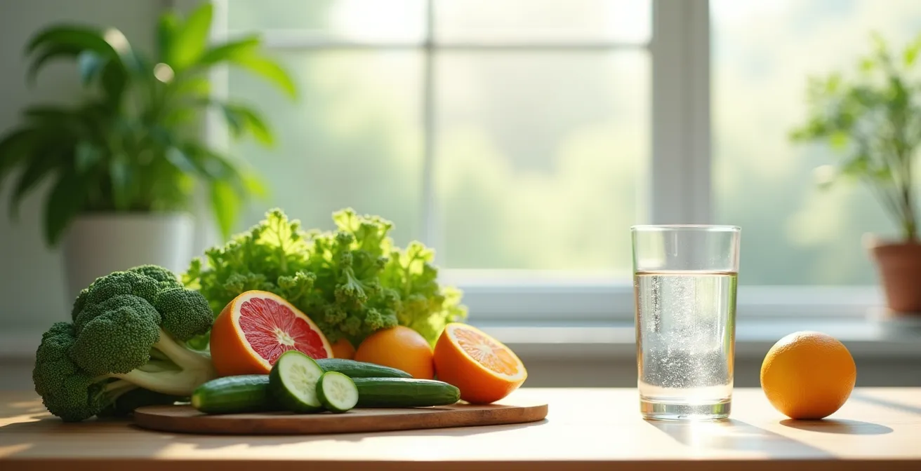 Photographie symbolique représentant une table saine avec aliments naturels, légumes frais et eau claire symbolisant la purification du corps.
