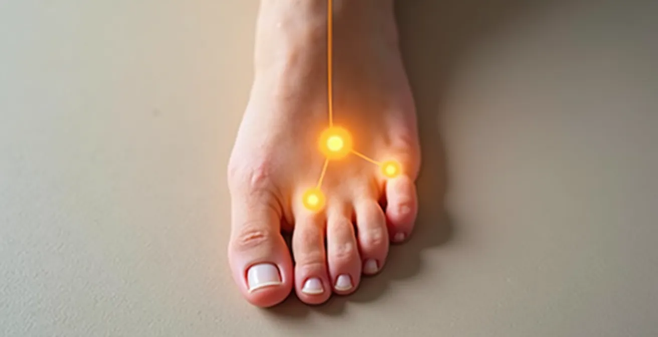 Visuel illustrant les trois principaux points de réflexologie plantaire à masser soi-même pour réduire le stress rapidement, avec des indications graphiques de leurs emplacements sur le pied