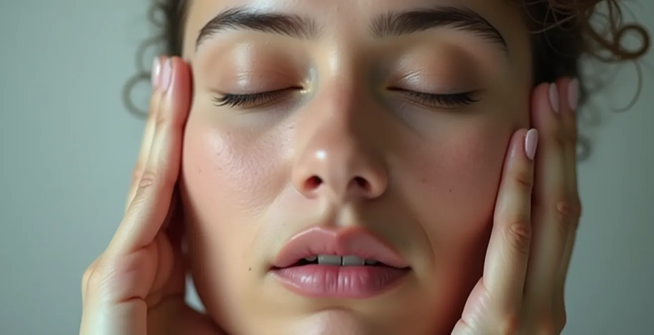 Visage détendu, mains massant les tempes et la mâchoire, ambiance calme, geste de soin anti-stress.