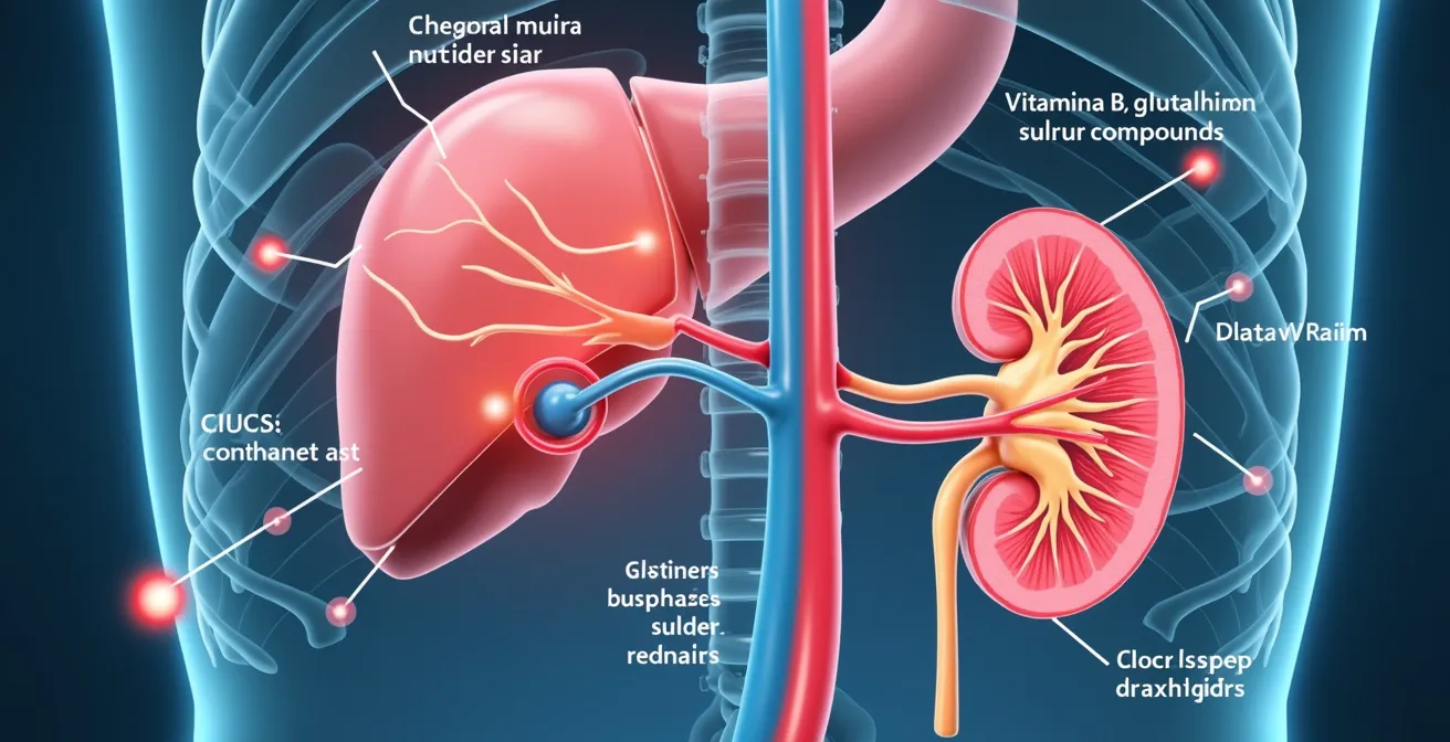 Schéma symbolique illustrant la biotransformation des toxines par le foie et l'élimination par les reins selon un rythme circadien