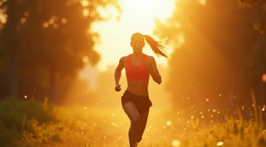 Une personne en mouvement dynamique dans un environnement naturel lumineux symbolisant l'activité physique et la détoxification naturelle du corps