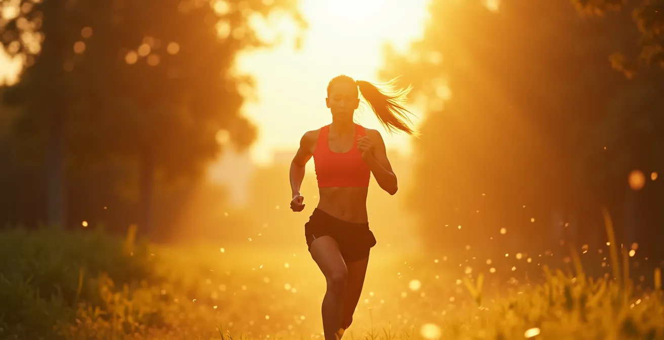 Une personne en mouvement dynamique dans un environnement naturel lumineux symbolisant l'activité physique et la détoxification naturelle du corps