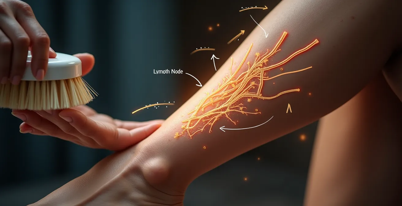 Illustration détaillée montrant le brossage à sec avec les trajets lymphatiques et les ganglions clés