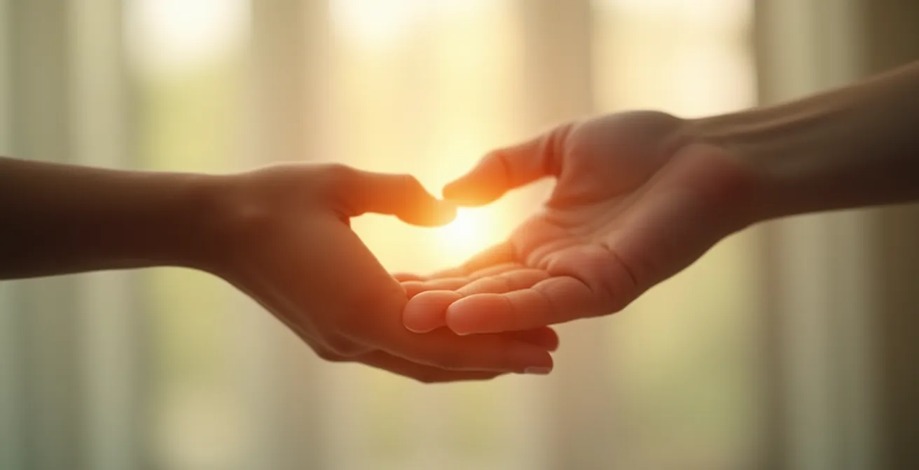 Symbolisation de la complémentarité entre naturopathie et médecine conventionnelle par deux mains s’entraidant dans un fond harmonieux