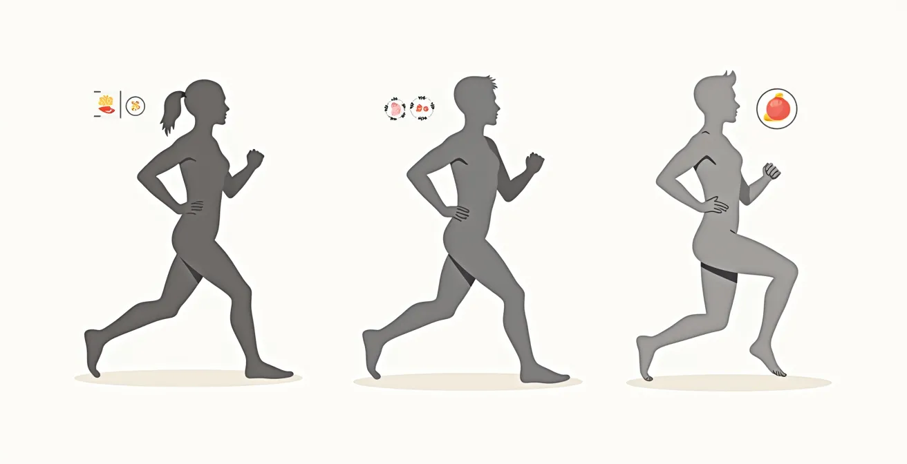 Illustration comparative montrant yoga, course et musculation avec icônes symbolisant les mécanismes de détox spécifiques