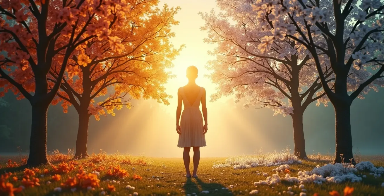 Illustration symbolique d'un corps humain entouré par les quatre saisons naturelles représentant l'harmonie entre corps et nature