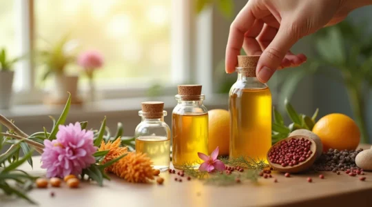 Composition d'ingrédients naturels de cosmétiques avec plantes et flacons minimalistes