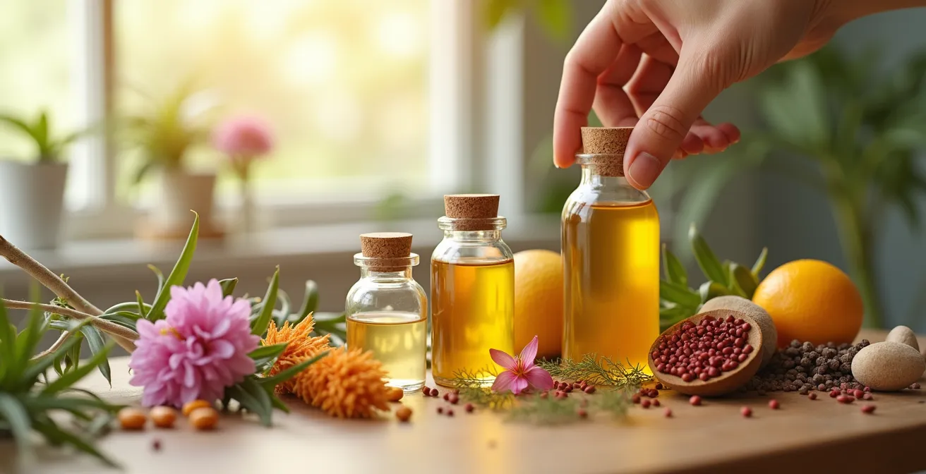 Composition d'ingrédients naturels de cosmétiques avec plantes et flacons minimalistes
