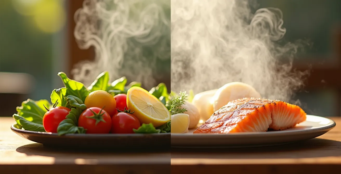 Visuel comparant plusieurs méthodes de cuisson saine avec des légumes et poissons, illustrant la vapeur et basse température.