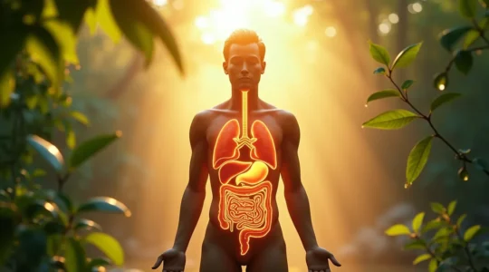 Illustration symbolique représentant une silhouette humaine harmonieuse entourée d'éléments naturels évoquant la purification et la vitalité
