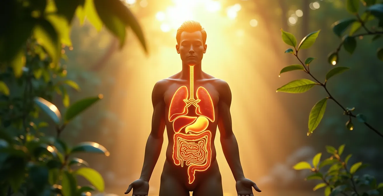 Illustration symbolique représentant une silhouette humaine harmonieuse entourée d'éléments naturels évoquant la purification et la vitalité