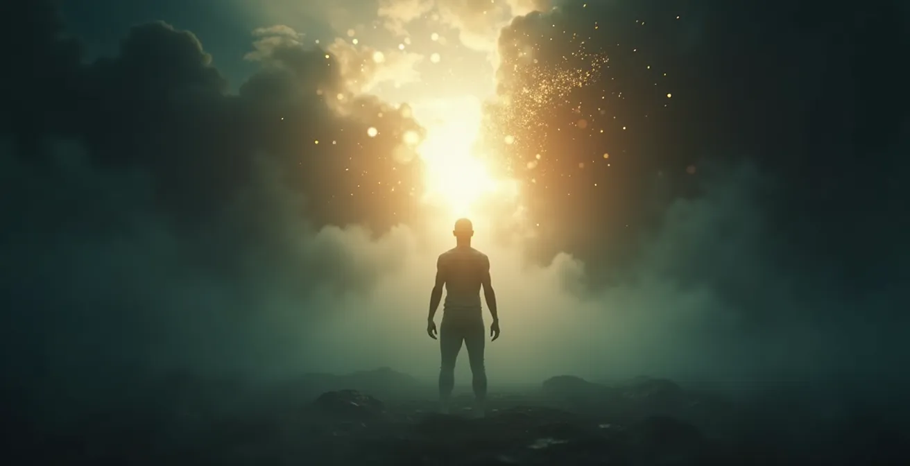 Illustration symbolique représentant le processus de détoxification corporelle avec des éléments énergétiques contrastés entre obscurité et lumière