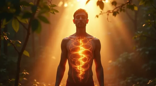 Représentation symbolique de la force vitale incarnée par un corps humain rayonnant d'énergie avec un fond naturel et apaisant