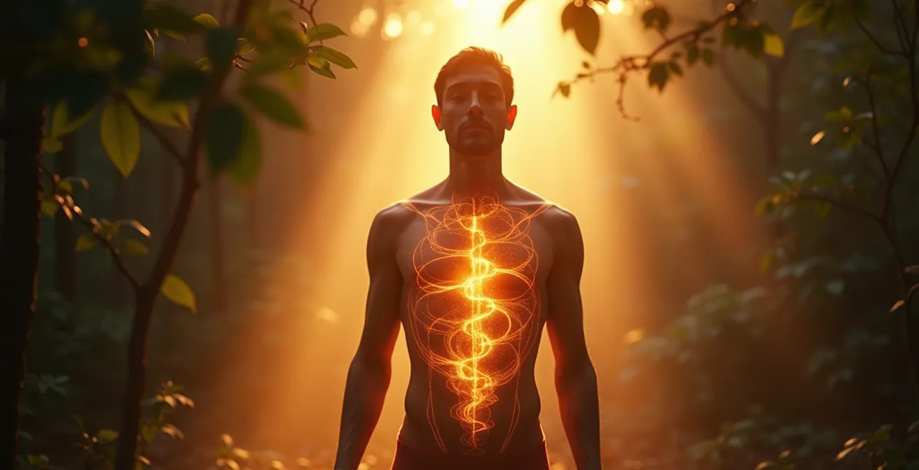 Représentation symbolique de la force vitale incarnée par un corps humain rayonnant d'énergie avec un fond naturel et apaisant