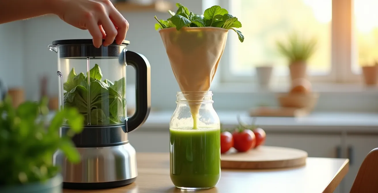 Illustration d'un blender avec des légumes verts et un sac à lait végétal pour filtrer le jus sainement