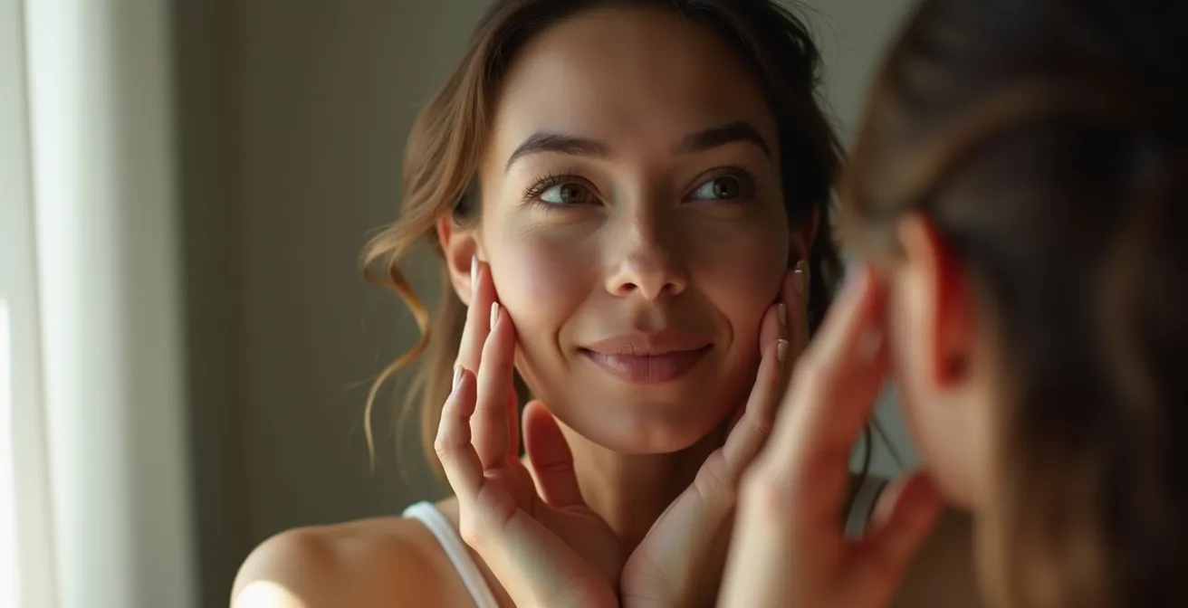 Femme réalisant des exercices de gymnastique faciale dans un cadre lumineux et naturel