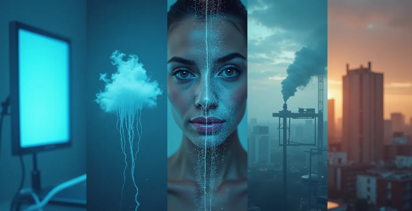 Infographie illustrant cinq gestes quotidiens nuisibles au film hydrolipidique : pollution, écrans, produits agressifs, stress et eau calcaire.