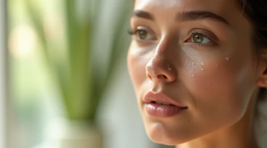 Visage féminin éclatant avec une peau saine et protégée, symbolisant l'hydratation et la protection cutanée.