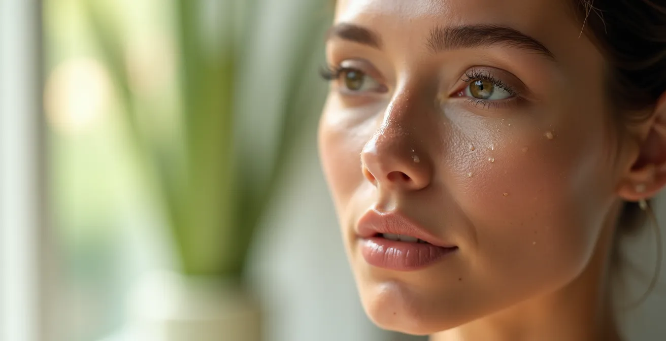 Visage féminin éclatant avec une peau saine et protégée, symbolisant l'hydratation et la protection cutanée.