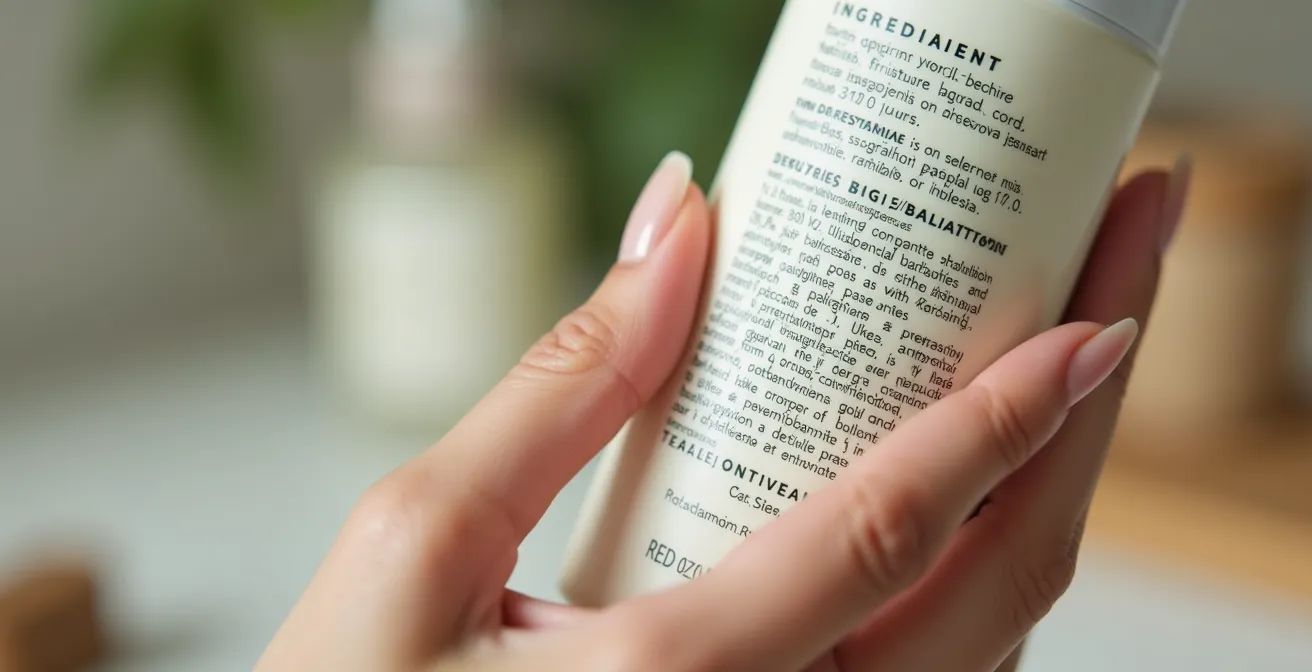 Lecture détaillée d'une étiquette cosmétique naturelle avec mise en avant des ingrédients actifs et conservateurs