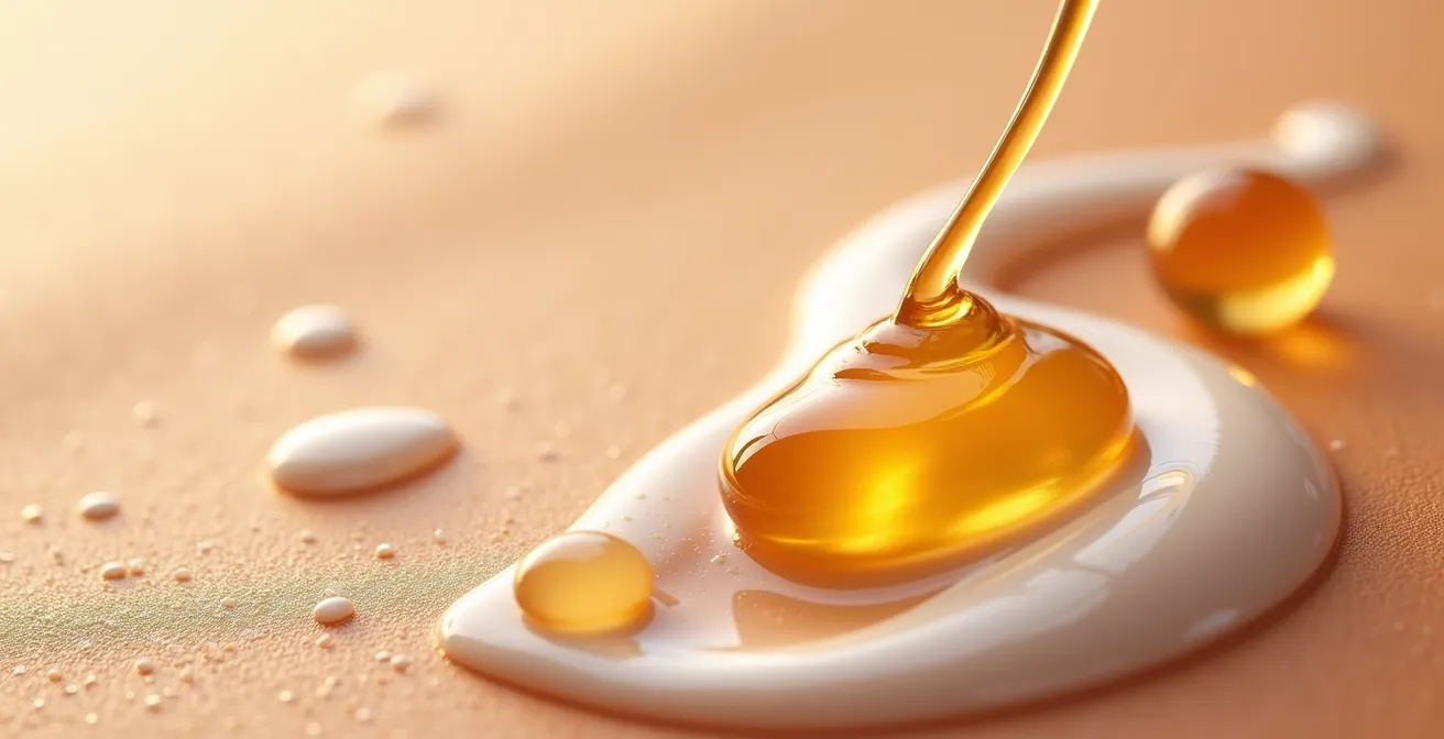 Illustration montrant différentes textures de crème, des gouttes de céramides, acide hyaluronique et huiles végétales réunies sur peau lumineuse.